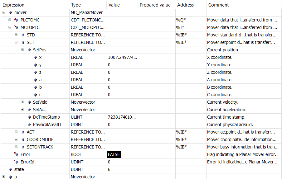 Example "Creating and moving a Planar mover with External Setpoint Generation" 7: