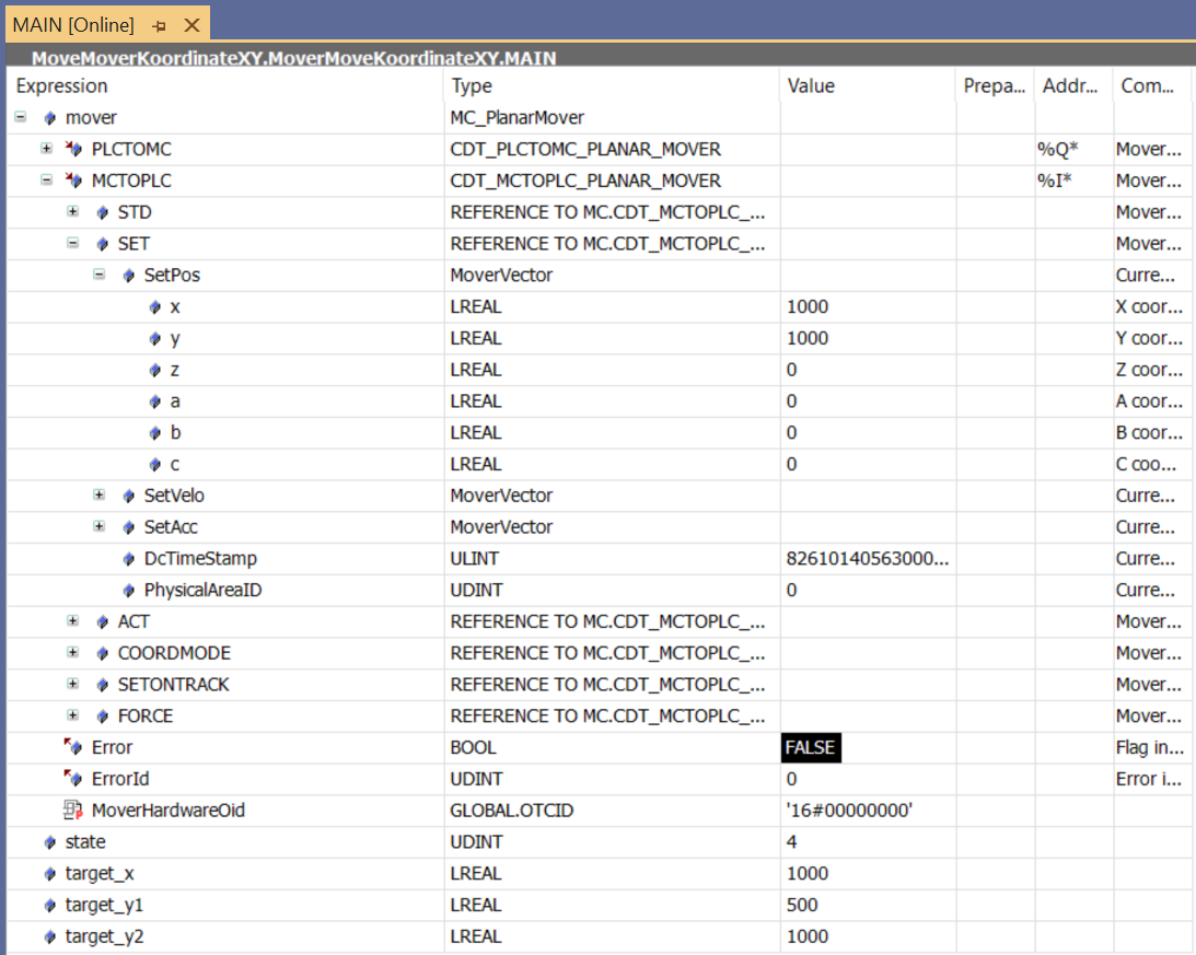 Example "Create Planar movers and move based on coordinates (MoveX, MoveY)" 7: