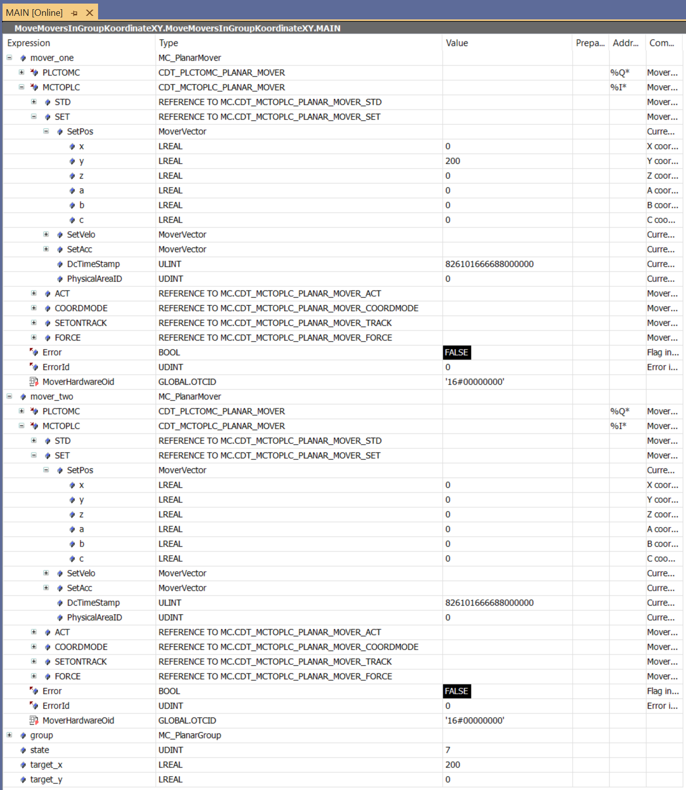 Example "Create Planar movers with group and move based on coordinates (MoveX, MoveY)" 9: