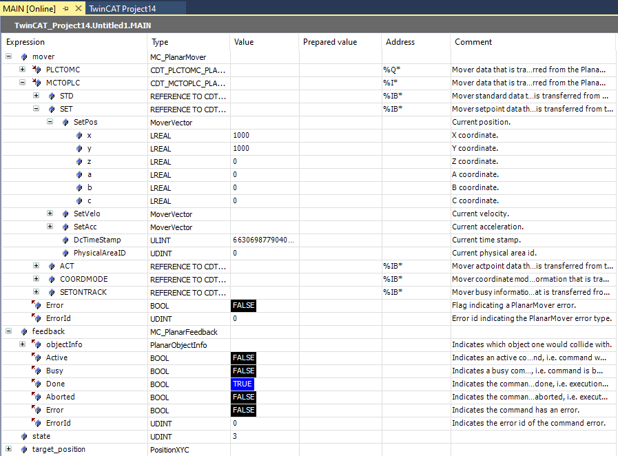 Example "Creating a Planar mover and Planar Feedback" 7: