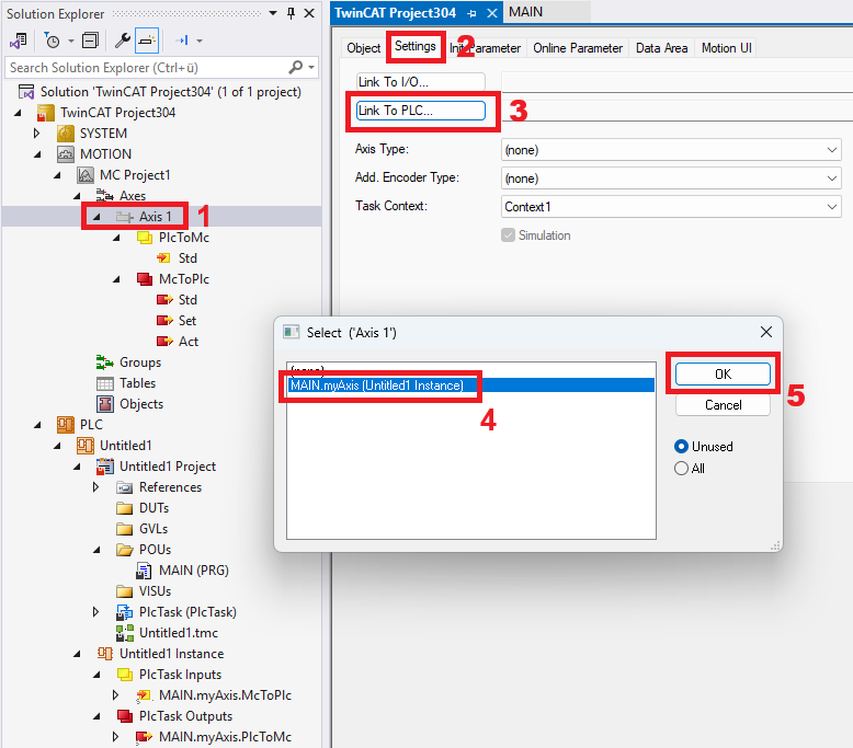 Link a PLC to an axis object 2: