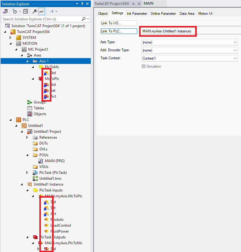 Link a PLC to an axis object 3: