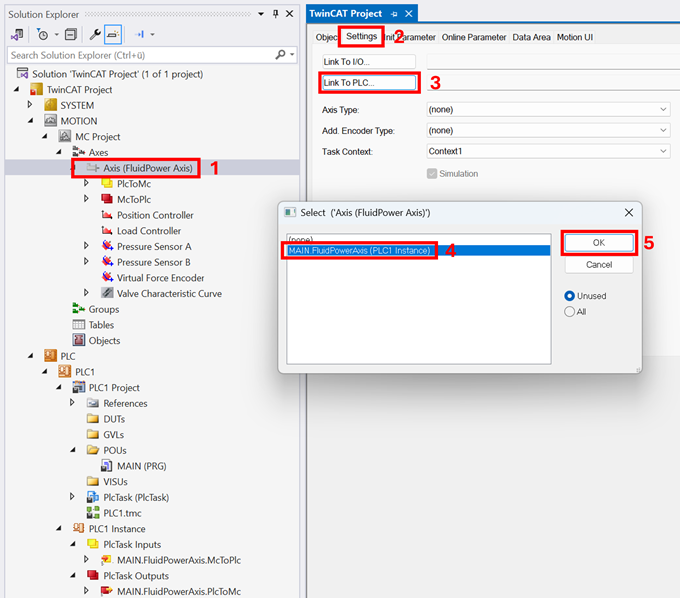 Link the axis object to the PLC 2:
