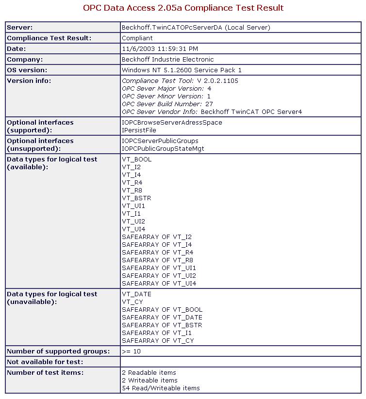 OPC Compliance Certificate 1: