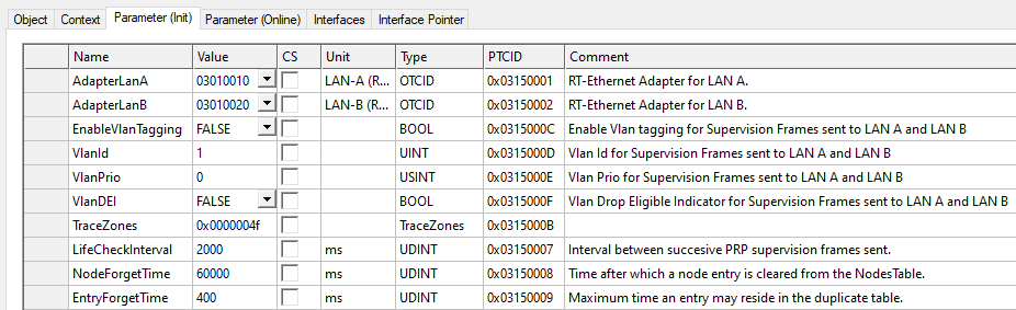 PRP adapter parameters 1: