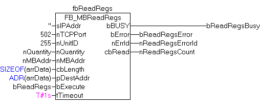 FB_MBReadInputRegs (Modbus function 4) 2: