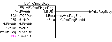 FB_MBWriteSingleReg (Modbus function 6) 2: