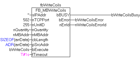 FB_MBWriteCoils (Modbus function 15) 2: