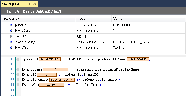 TwinCAT database server codes 1: