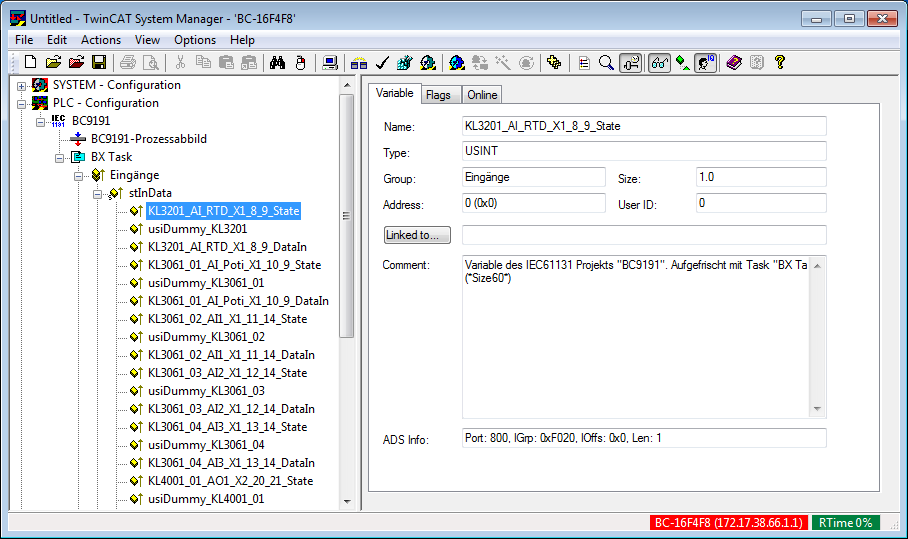 Connect to a BC9191 via ADS 1: