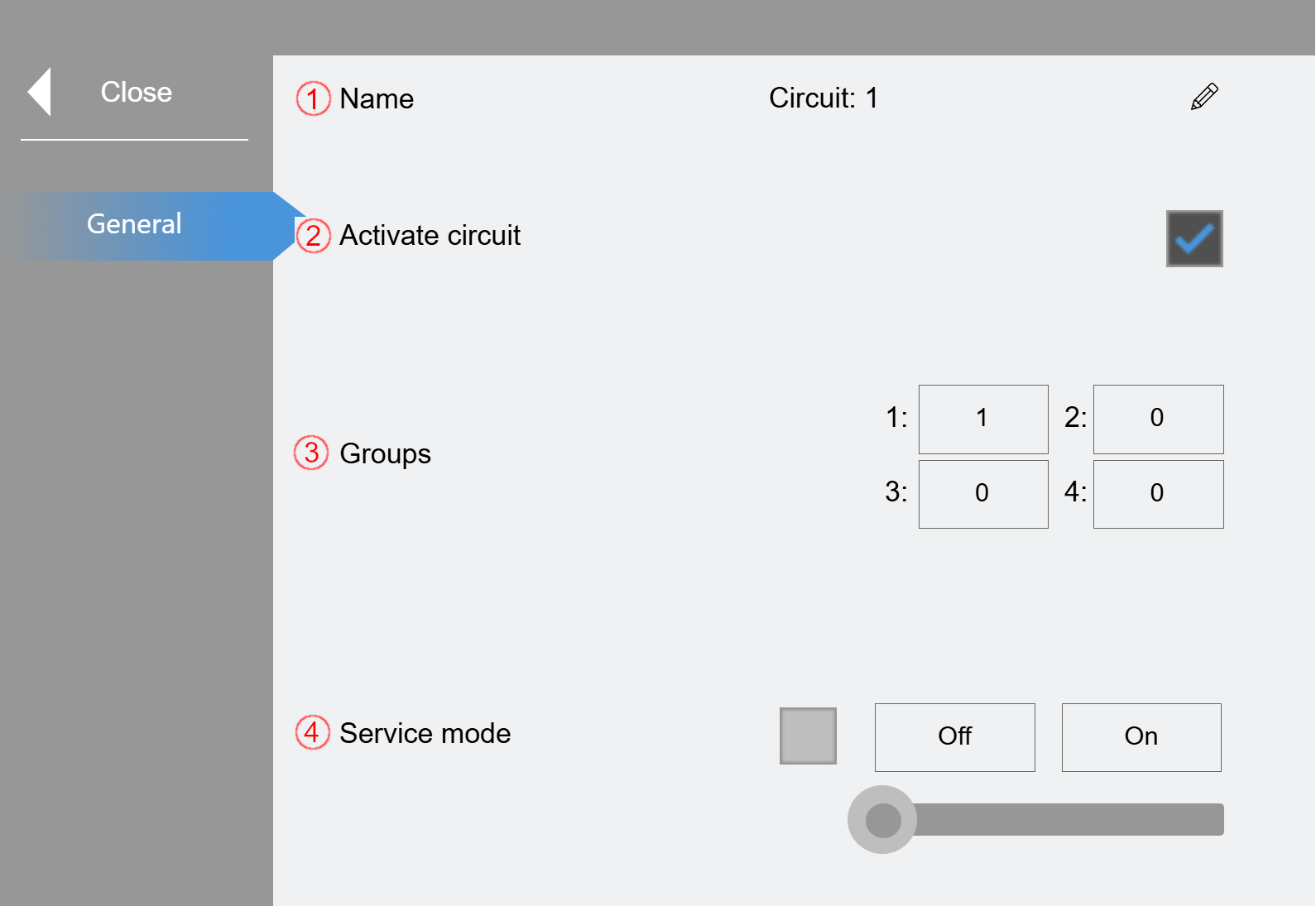 "Circuits" submenu 1:
