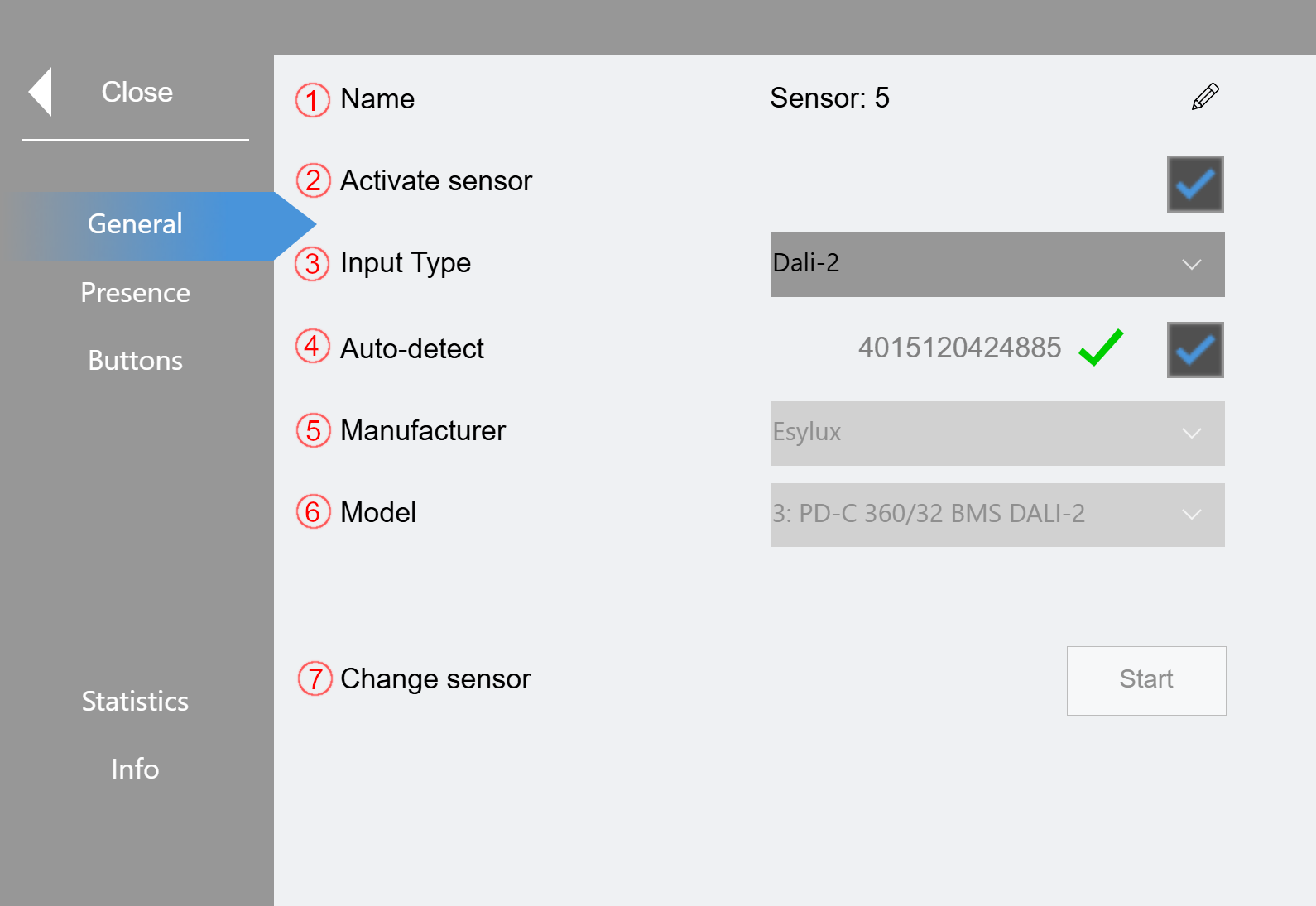 "Sensors" submenu 1: