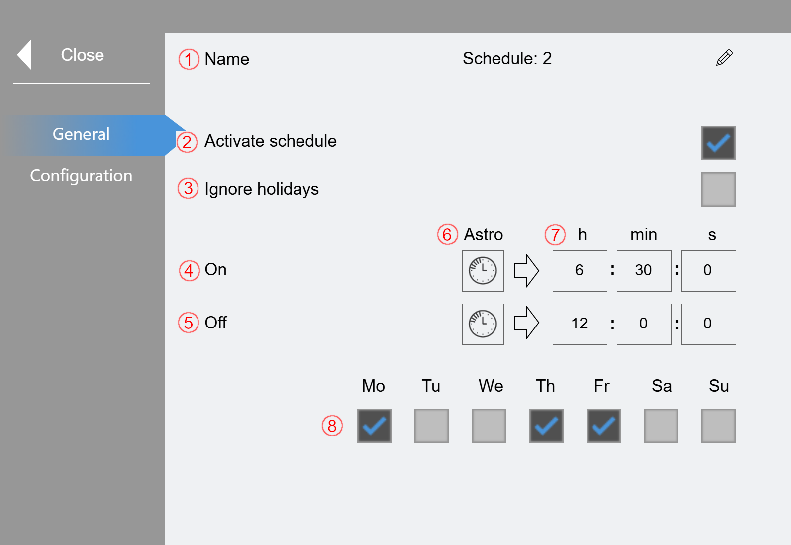 "Schedules" submenu 1: