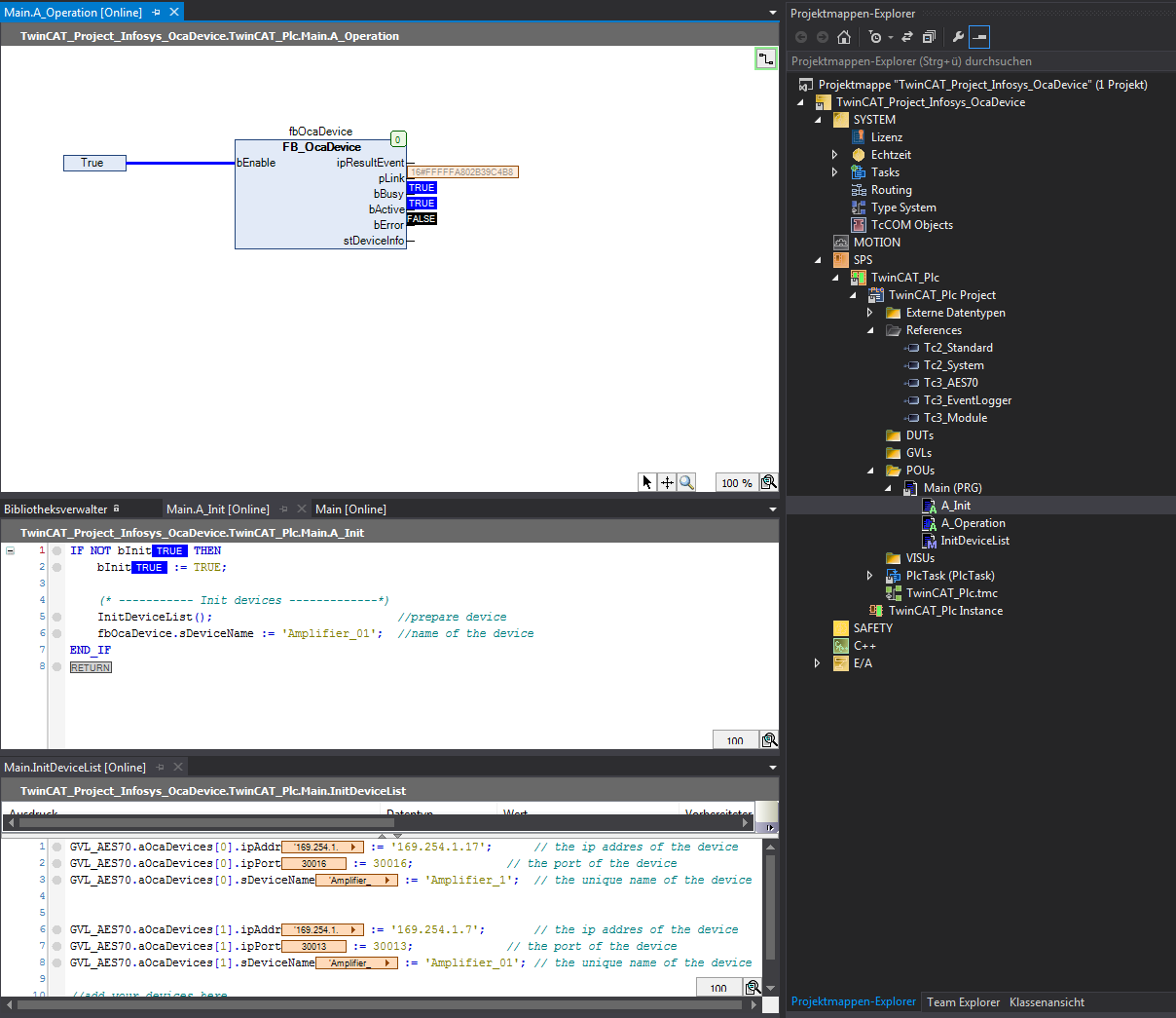 Example for using the function block FB_OcaDevice 1: