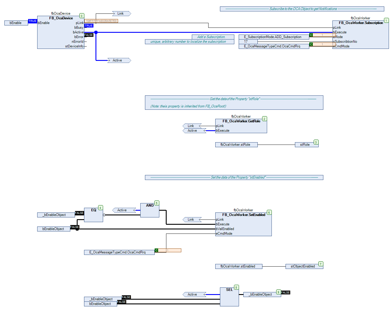 Example for using the function block FB_OcaWorker 1: