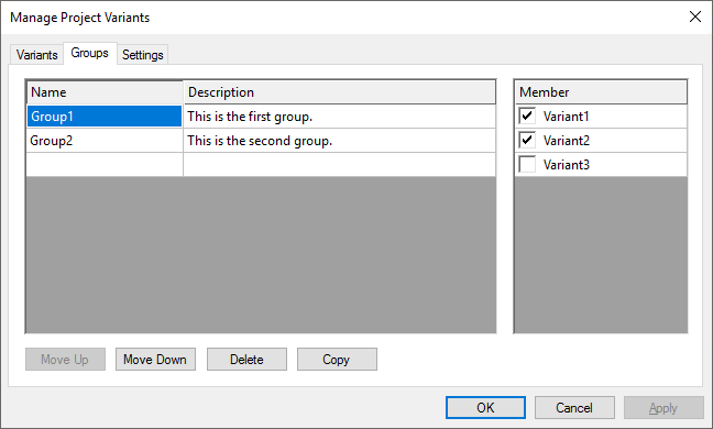 Manage Project Variants dialog 4: