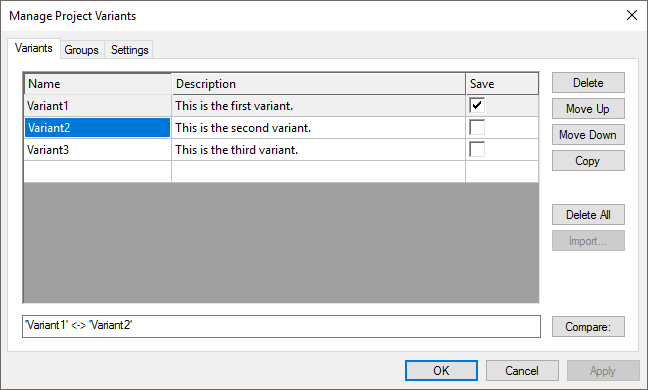 Manage Project Variants dialog 1: